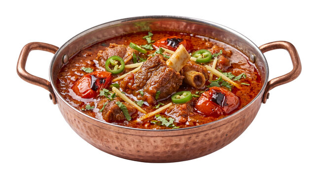 Traditional lamb karahi in copper bowl, spicy mutton curry with ginger and chili, authentic indian meat stew with tomatoes isolated PNG with Transparent Background