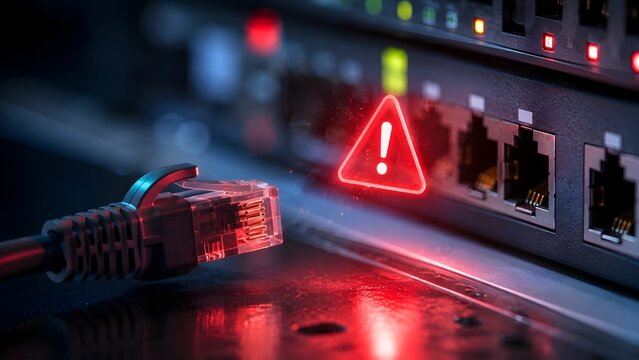 Network connection failure concept showing unplugged ethernet cable and glowing red alert triangle on internet server switch