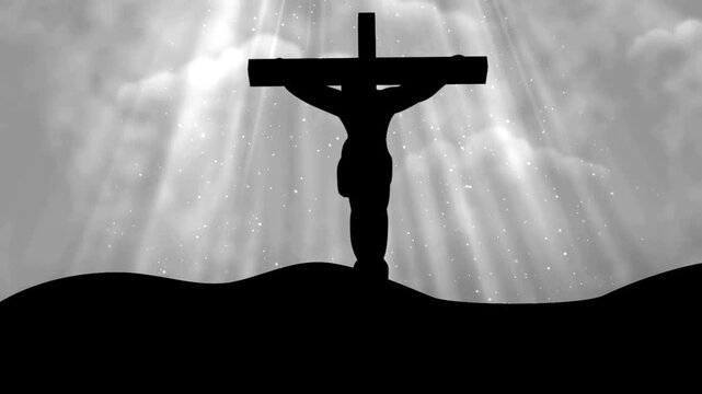 Silhouette of jesus christ on cross against glowing clouds in monochrome style religious worship motion.
