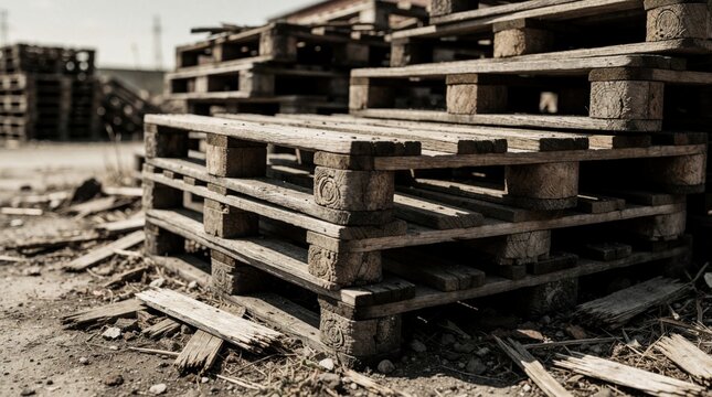Damaged wooden pallets stacked outdoors. Splintered timber and debris trash the ground around the worn cargo platforms. Aged material piled in yard.