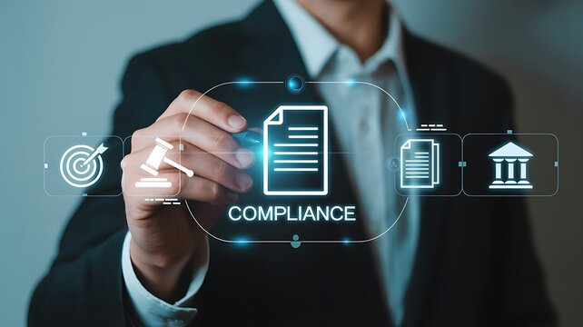 Businessman touching a screen displaying legal compliance icons like a gavel, document, and courthouse. He wears a suit and is focused on the digital interface