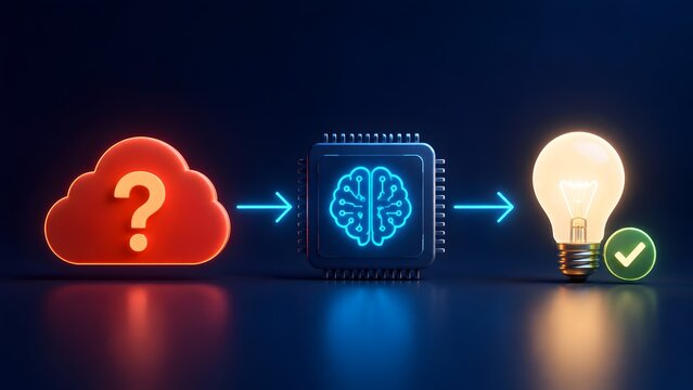 Artificial intelligence problem solving concept showing red question mark cloud transforming into a glowing lightbulb solution through a digital brain chip