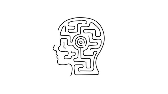 Human Head Formed By A Complex Maze With A Central Target Outline Animation on white background, Conceptual Idea of Problem Solving, Mental Focus, Strategic Thinking, Decision Making,  And Psychology.
