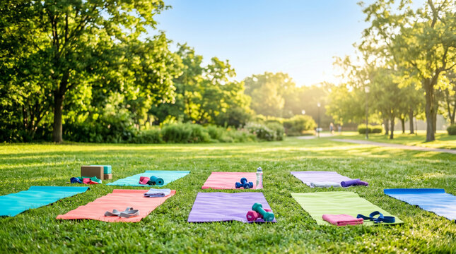Outdoor yoga fitness classes setup with mats and weights in park morning  