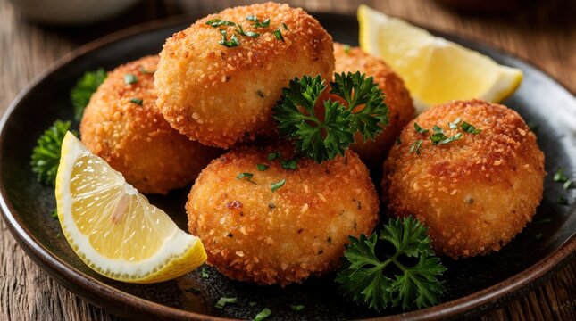 Golden brown croquettes with shrimp filling served on dark plate with lemon wedges and parsley. Delicious seafood appetizer looks appetizing. Crispy snack on rustic table.