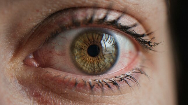 A extreme close-up of a human eye with a hazel iris, showing detailed texture, eyelashes, and visible blood vessels in the sclera.