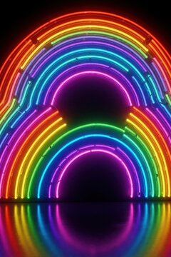 Bright neon rainbow arch glows against dark backdrop. Colorful electric lights form curves reflecting on glossy surface. Modern light art design.