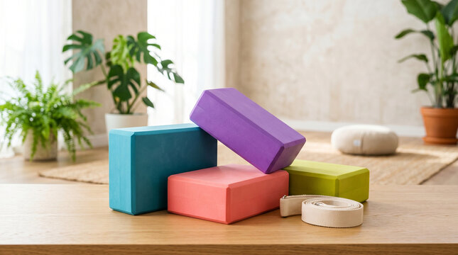 Colorful foam yoga blocks arranged on wooden floor in modern studio  