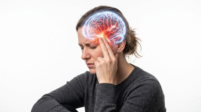 Woman holding head with glowing anatomical brain overlay showing headache