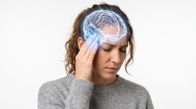 Woman holding head with glowing anatomical brain overlay showing migraine
