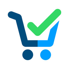 Shopping cart completion icon illustrating successful online purchase and order fulfillment with a checkmark © alfa