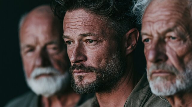 Three multi-generational men with beards, one in sharp focus, two blurred, convey thoughtful aging, wisdom, and the passage of time against a dark backdrop