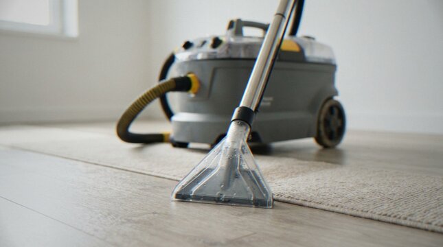 A close-up shot of a professional carpet cleaning machine cleaning a rug on a hardwood floor in a bright home interior.