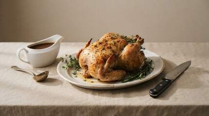 A beautifully roasted whole chicken seasoned with herbs, served on a rustic plate with a side of gravy on a linen tablecloth. © dang