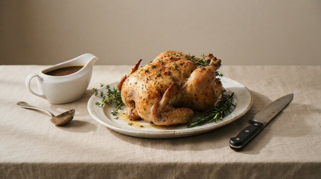 A beautifully roasted whole chicken seasoned with herbs, served on a rustic plate with a side of gravy on a linen tablecloth.