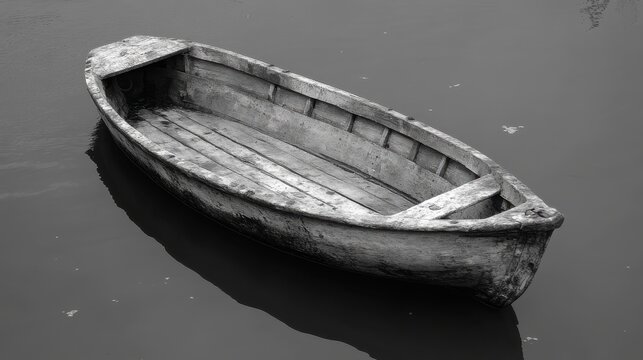Monochrome Solitude: Empty Rowboat Reflects on Calm Waterscape, Nostalgic View
