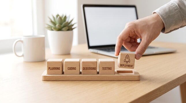 Professional hand placing deployment wooden cube representing final stage software development lifecycle workflow strategy concept