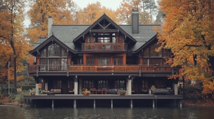 Fototapeta premium Luxurious Lakeside Cabin Retreat in Autumn with Elegant Architecture
