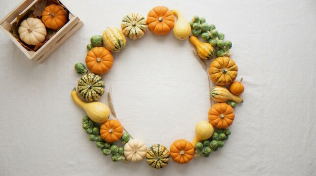 A festive autumn wreath made of colorful mini pumpkins, gourds, and Brussels sprouts arranged on a light linen fabric background, accompanied by a small wooden crate containing extra mini pumpkins.