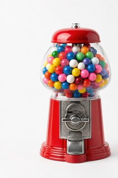 A classic red vintage gumball machine filled with brightly colored round chewing gum balls, isolated on a clean white background. Childhood nostalgia, sweet treats, and retro candy dispenser.