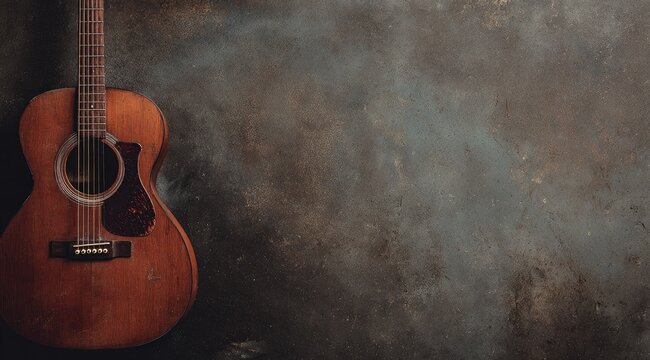 Acoustic six-string guitar leans against a weathered, textured, muted-toned wall, with ample copy space