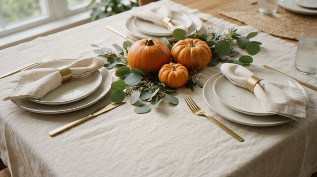 A beautiful autumnal table setting featuring small orange pumpkins and fresh eucalyptus leaves arranged as a centerpiece, with linen napkins, gold cutlery, and ceramic plates.