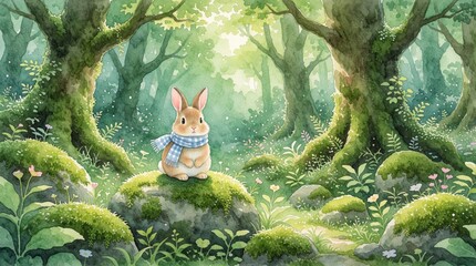 Obraz premium Cute rabbit wearing scarf sits on mossy rock in rich green forest. Soft light filters through trees creating magical fairytale woodland atmosphere with delicate flowers and vibrant foliage.