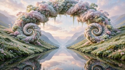 Obraz premium Surreal Dreamscape Archway Over Serene River Landscape.