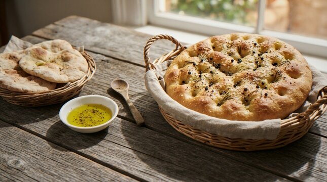 A rustic arrangement featuring a fresh focaccia bread in a basket, a bowl of olive oil with black pepper, and flatbreads on a weathered wooden table near a window.