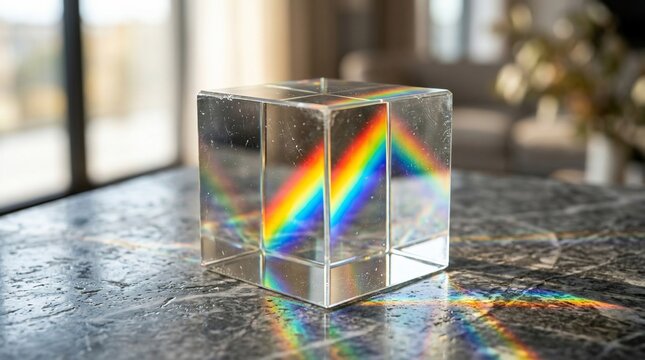 Glass cube refracts sunlight creating rainbow spectrum patterns on surface