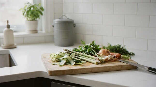 A wooden cutting board with fresh vegetables like asparagus, cucumber slices, herbs, carrots, and an onion in a bright modern kitchen.