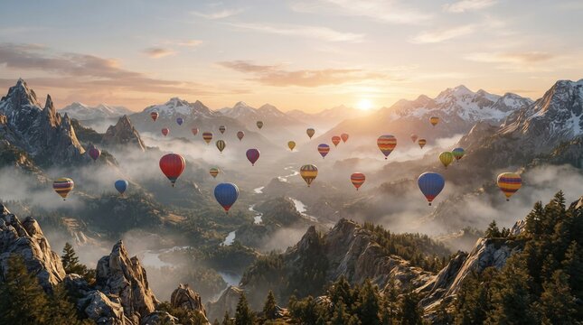 Hot air balloons ascending over majestic mountain landscape at sunrise