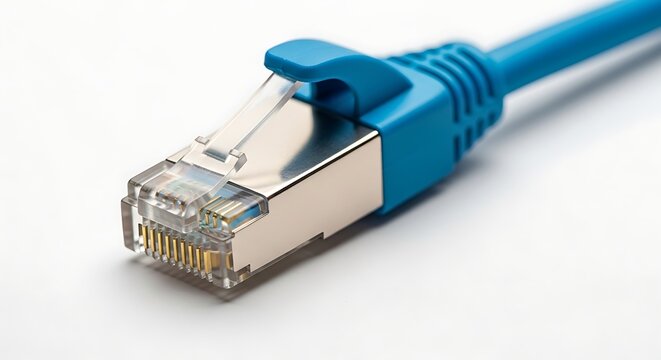 Close-up of blue ethernet cable connector.