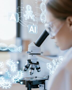 Scientist using a microscope with AI interface, DNA strand and bacteria graphics in a biomedical laboratory. Artificial intelligence, microbiology and biotechnology research concept with copy space