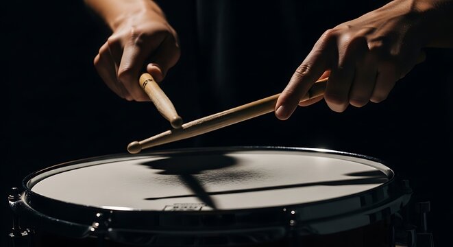 Close-up of hands playing snare drum.