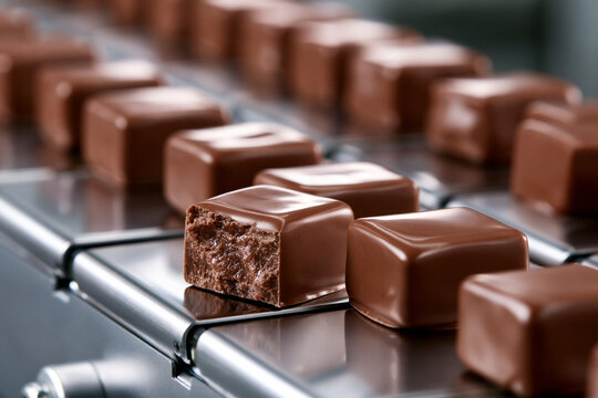 Chocolate pieces on a production line in a factory