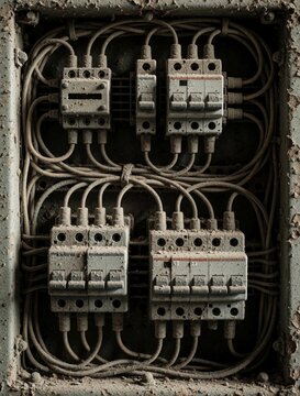 Close-up view of an old dusty electrical panel with tangled wires and switches. Worn components and chaotic wiring suggest disuse or neglect within an industrial setting.