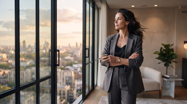 Professional businesswoman looking out of a high-rise office window at the sunset city skyline.