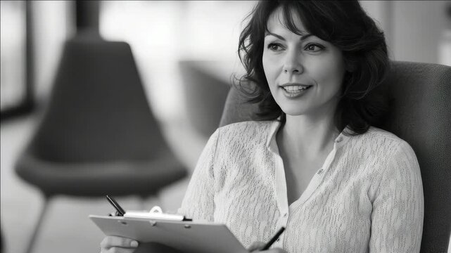 A young woman writing on a tablet computer while sitting in a modern office.