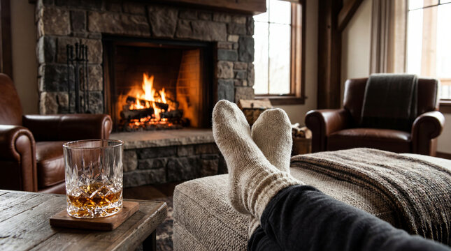Cozy Fireplace Comfort: Feet Up with Bourbon