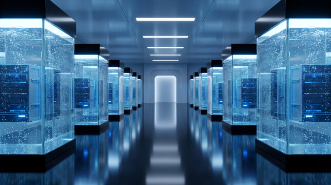 Empty Futuristic Data Center Walkway with Glowing Liquid Immersion Cooling Server Tanks
