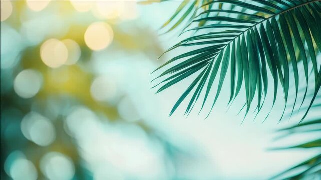 A blurred tropical view with palm leaves and bright sunlight, perfect for travel or summer themes.