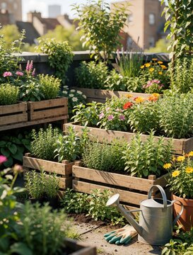 Rooftop garden with wooden planters filled with green plants and flowers. Watering can and gloves lie nearby. Cityscape background with buildings in sunlight.