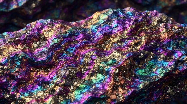 Iridescent mineral surface with swirling colors and rough texture