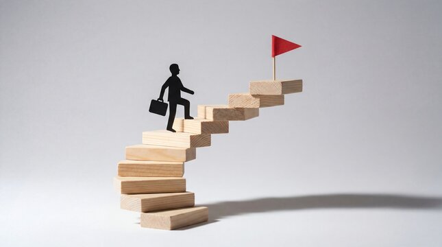 Silhouette of businessman climbing stairs towards red flag goal