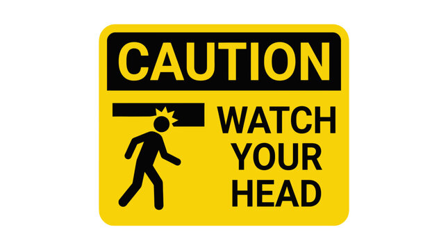 Caution watch your head yellow warning sign depicting a person striking their head against low beams