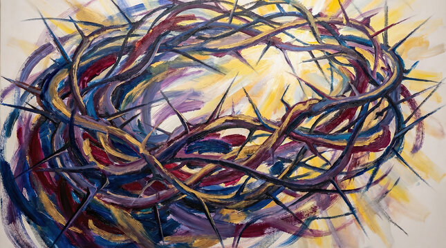 Colorful abstract oil painting of the crown of thorns, expressive brushstrokes and vibrant textures representing the Passion of Christ and Christian faith.