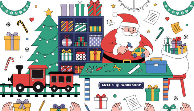 Santa's workshop vector illustration, Christmas scene with Santa Claus making toys, festive holiday background with gifts and tree