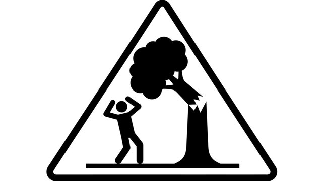 Falling tree hazard warning sign featuring black silhouette icon on a stark white triangular background frame