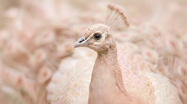 Close up portrait of leucistic white peacock head with crest in soft focus